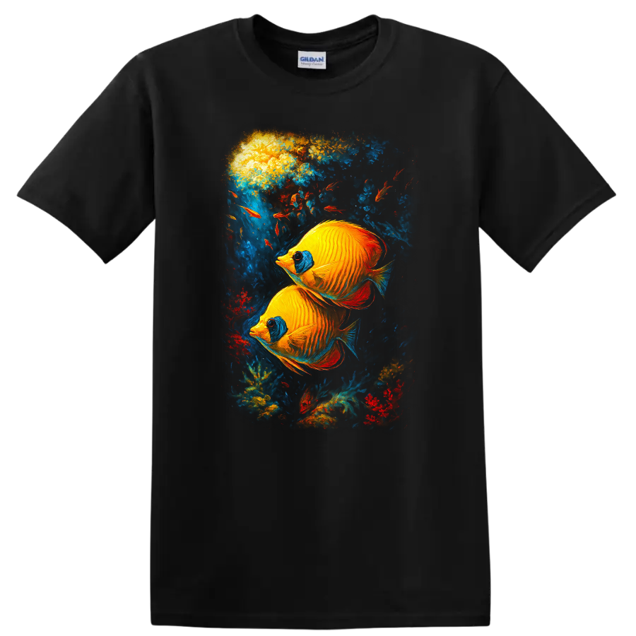 Vibrant Tropical Fish Art T Shirt Colorful Underwater Aquarium Design - Black