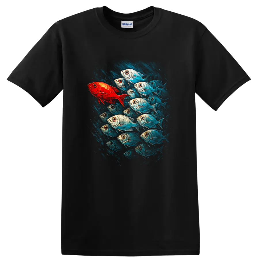 Vibrant Schooling Fish Art T Shirt Colorful Ocean Wildlife Design - Black
