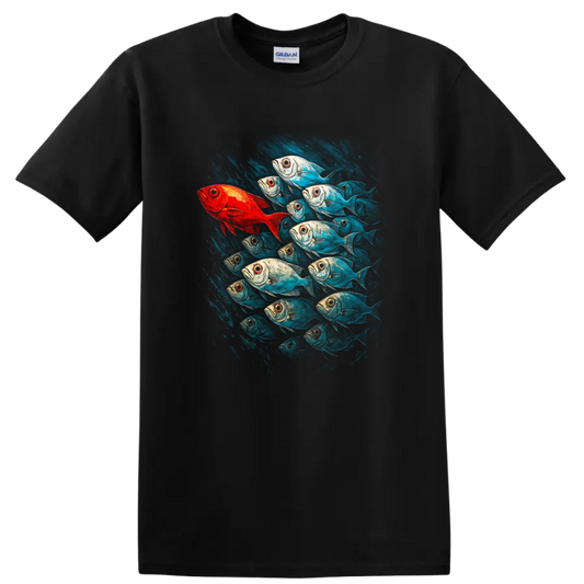 Vibrant Schooling Fish Art T Shirt Colorful Ocean Wildlife Design - Black