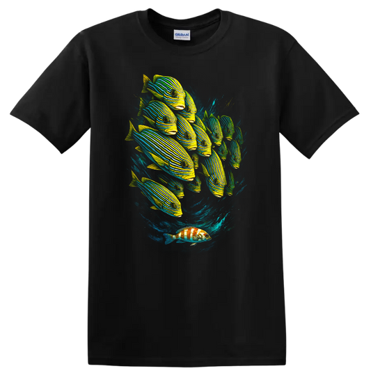 Neon Striped Fish School Ocean Art T Shirt for Marine Life Lovers - Black