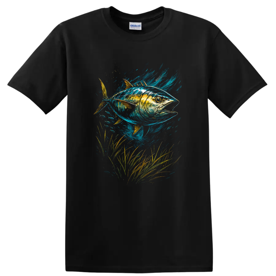 Colorful Tuna Fish Art T Shirt, Vibrant Ocean Wildlife Graphic - Black