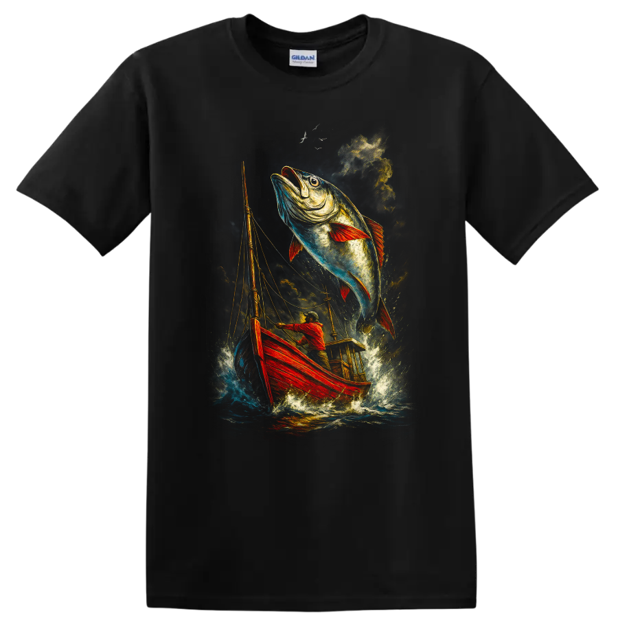 Leaping Fish Fishing Boat Art Gildan 5000 T Shirt for Anglers - Black