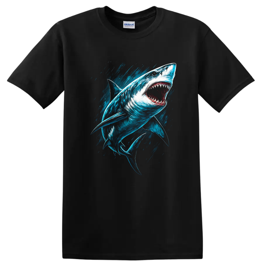 Aggressive Great White Shark Splash Art Fish T Shirt for Ocean Lovers - Black