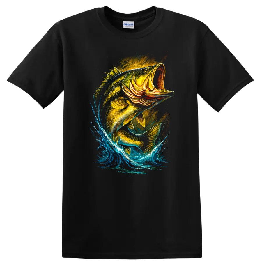 Colorful Jumping Fish Splash Art T Shirt for Anglers and Nature Lovers - Black