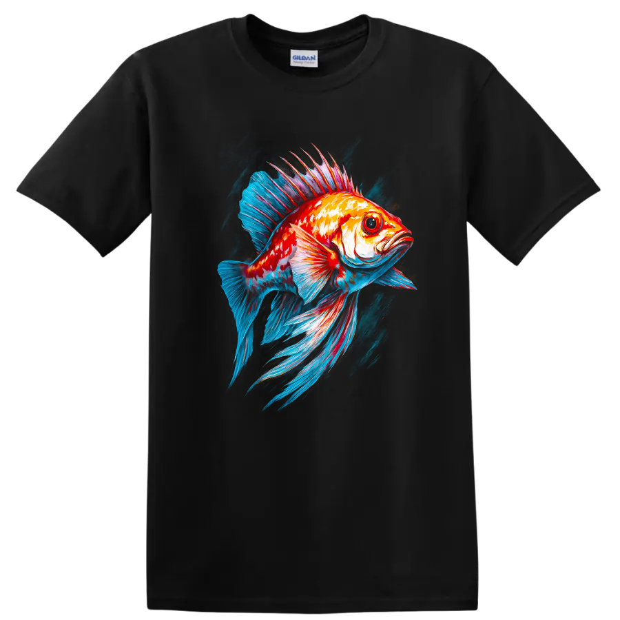 Neon Colorful Fish Art T Shirt Vibrant Ocean Creature Graphic Tee - Black