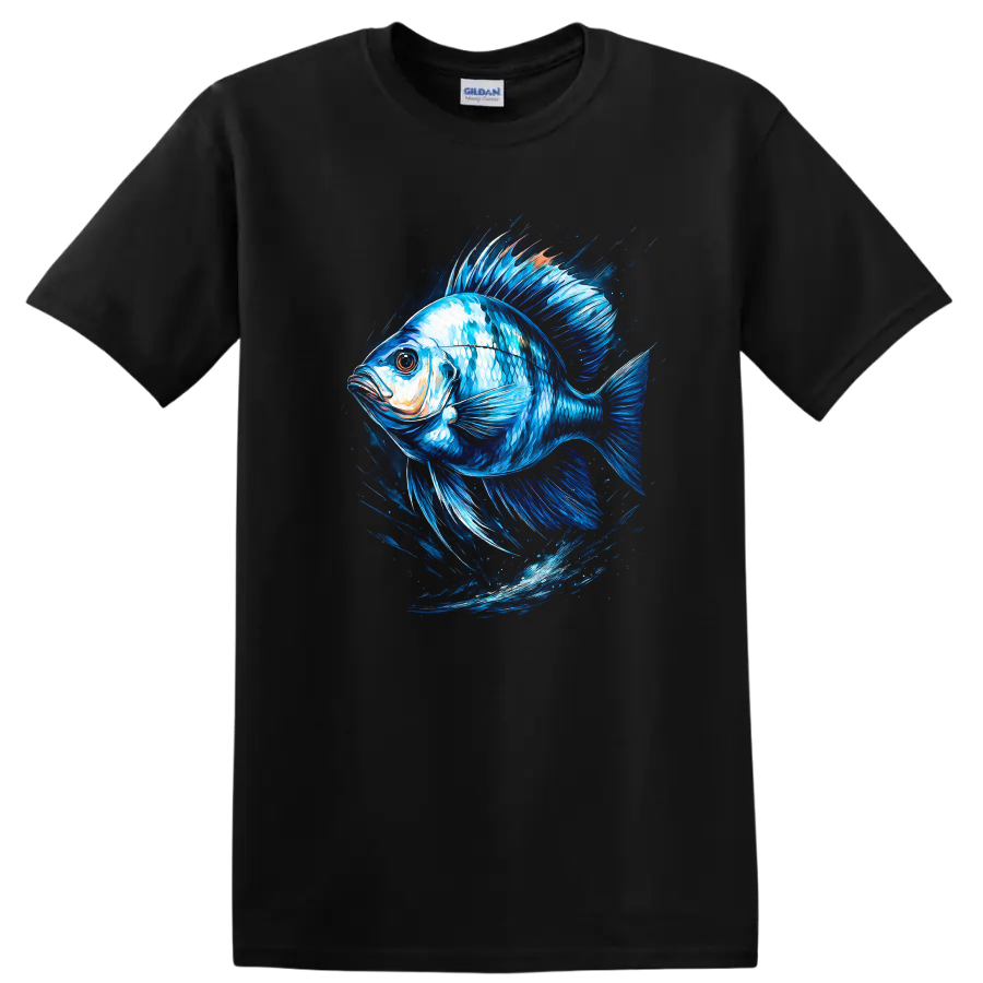 Blue Fish Splash Art T Shirt Vibrant Ocean Animal Graphic for Anglers - Black