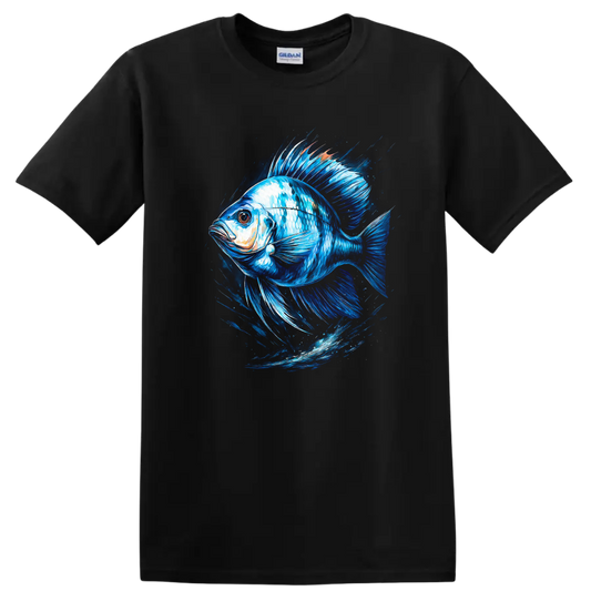 Blue Fish Splash Art T Shirt Vibrant Ocean Animal Graphic for Anglers - Black
