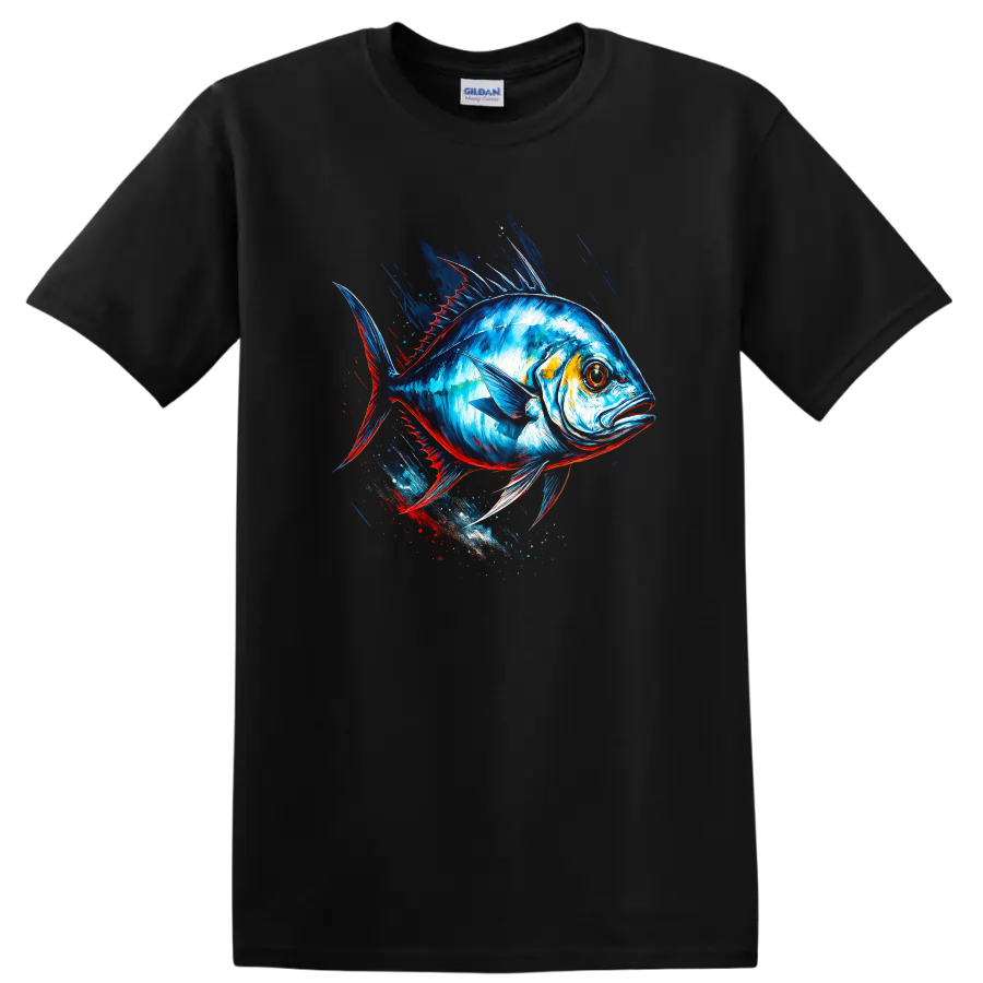 Vibrant Blue Fish Splash Art T Shirt for Anglers and Ocean Lovers - Black