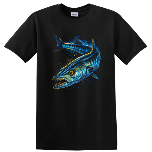 Blue Fish Art T Shirt Vibrant Ocean Wildlife Angler Graphic - Black