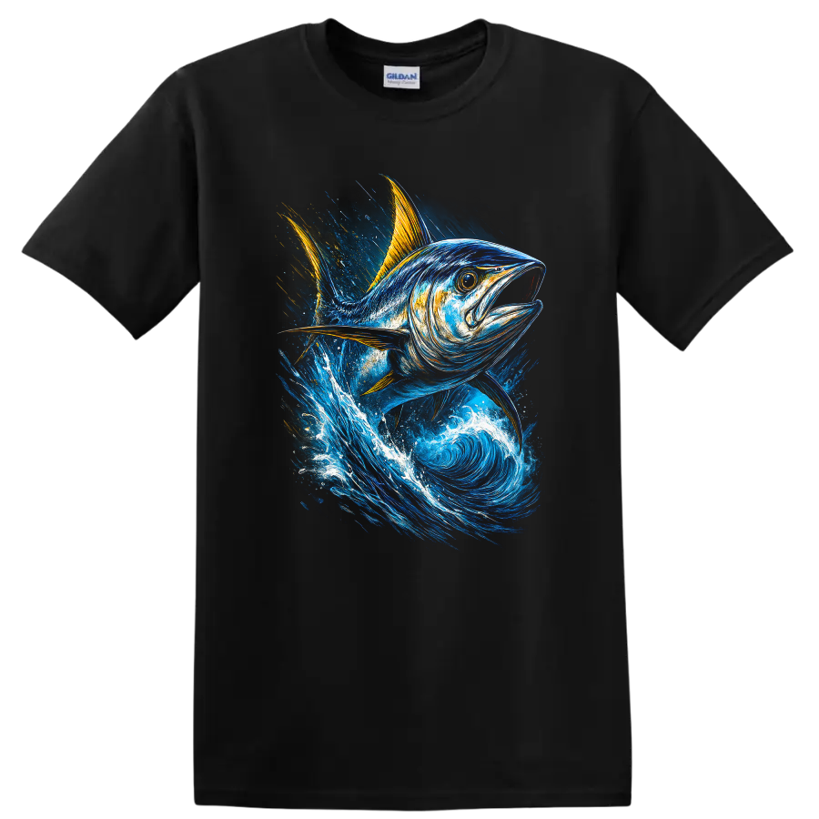 Blue Tuna Fish Splash Art T Shirt For Anglers and Ocean Lovers - Black