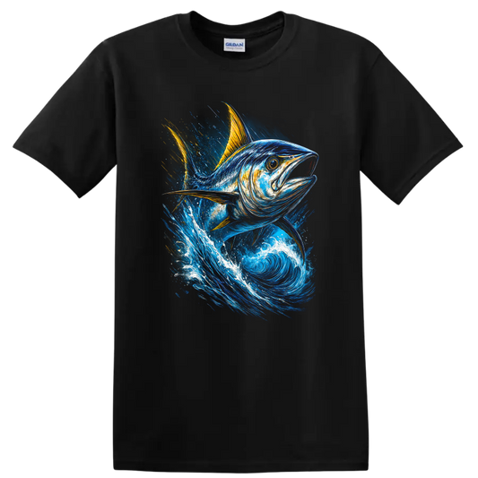 Blue Tuna Fish Splash Art T Shirt For Anglers and Ocean Lovers - Black