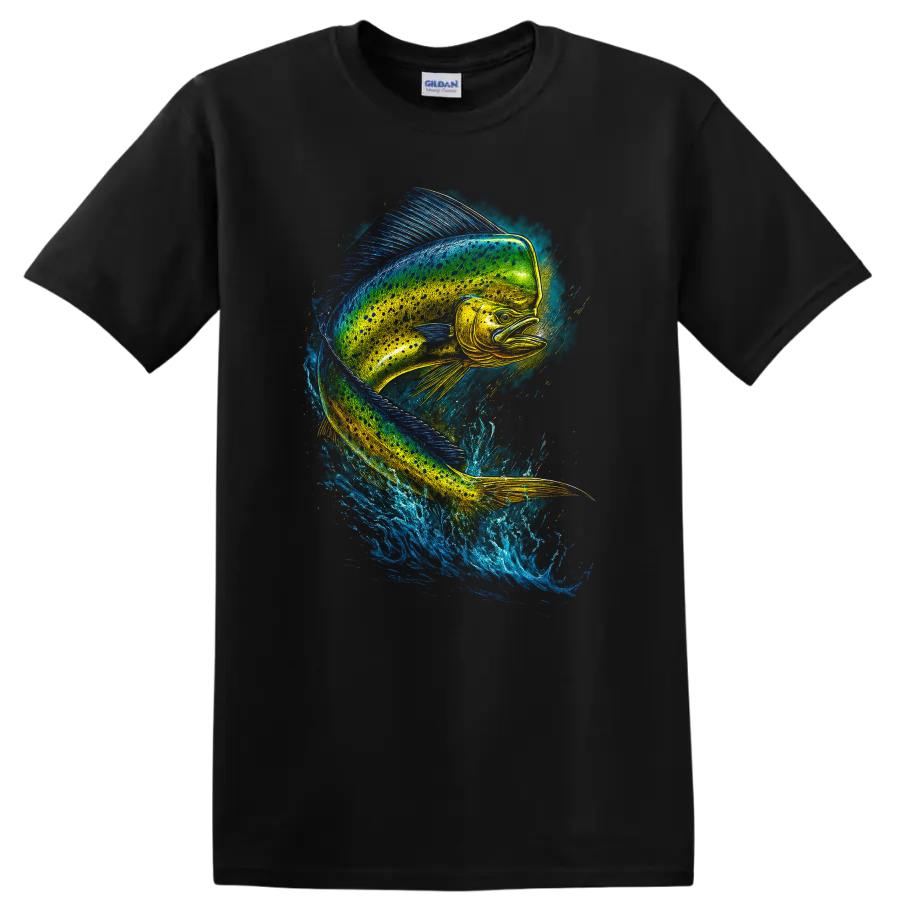 Vibrant Fish Splash Art T Shirt Colorful Jumping Fish Design - Black