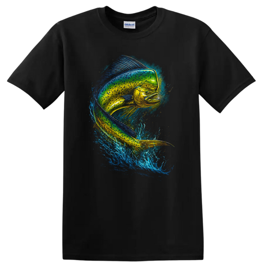Vibrant Fish Splash Art T Shirt Colorful Jumping Fish Design - Black