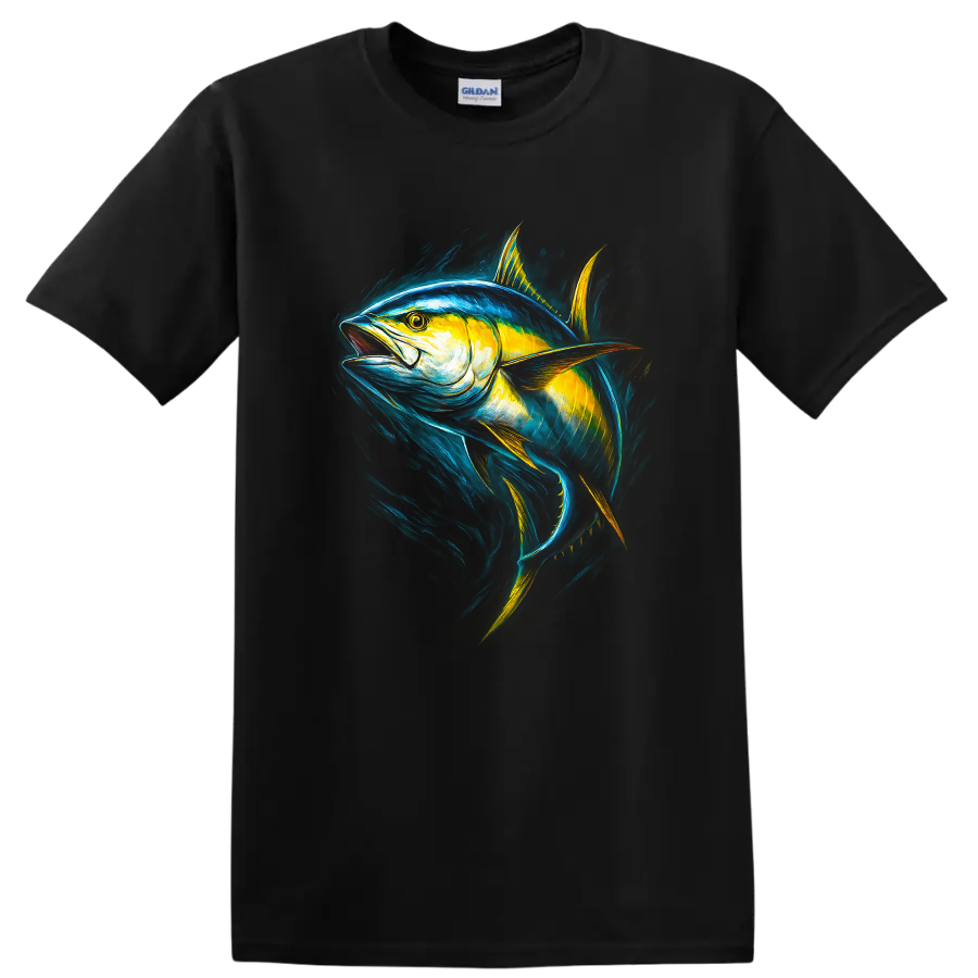 Vibrant Tuna Fish Art T Shirt for Anglers and Ocean Lovers - Black