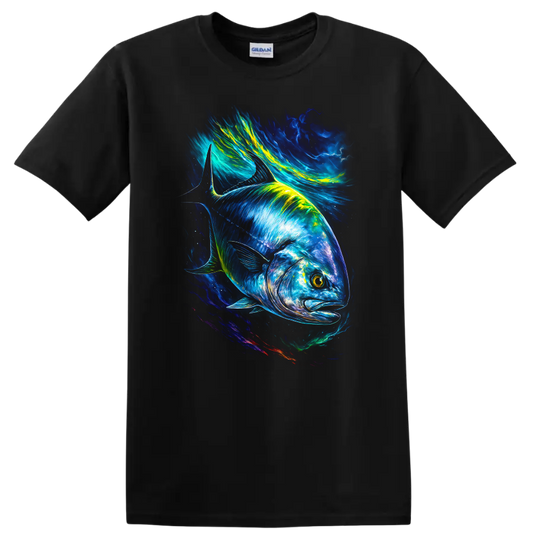 Vibrant Blue Fish Neon Ocean Art T Shirt for Anglers and Nature Lovers - Black