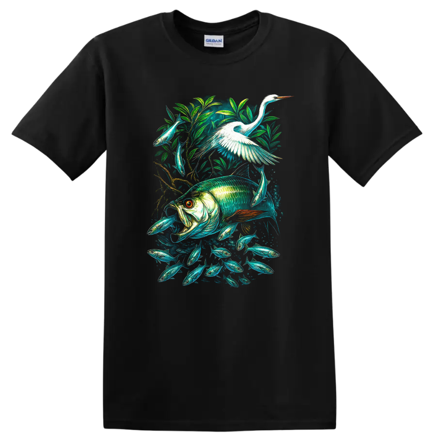 Colorful Fish and Heron Nature Aquarium T Shirt - Black