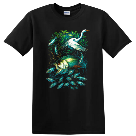Colorful Fish and Heron Nature Aquarium T Shirt - Black