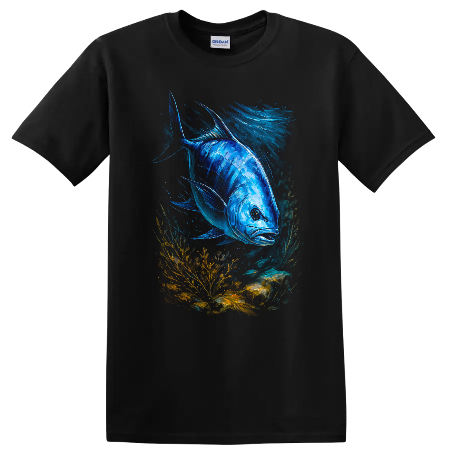 Blue Fish Underwater Art T Shirt Vibrant Ocean Life Graphic Tee - Black