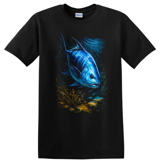 Blue Fish Underwater Art T Shirt Vibrant Ocean Life Graphic Tee - Black
