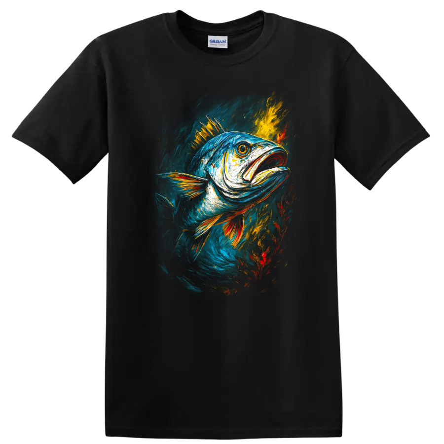 Vibrant Painted Fish Art T Shirt Colorful Ocean Wildlife Design - Black