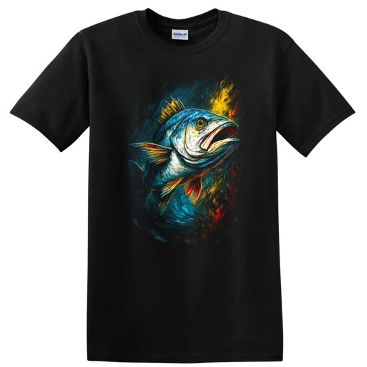 Vibrant Painted Fish Art T Shirt Colorful Ocean Wildlife Design - Black