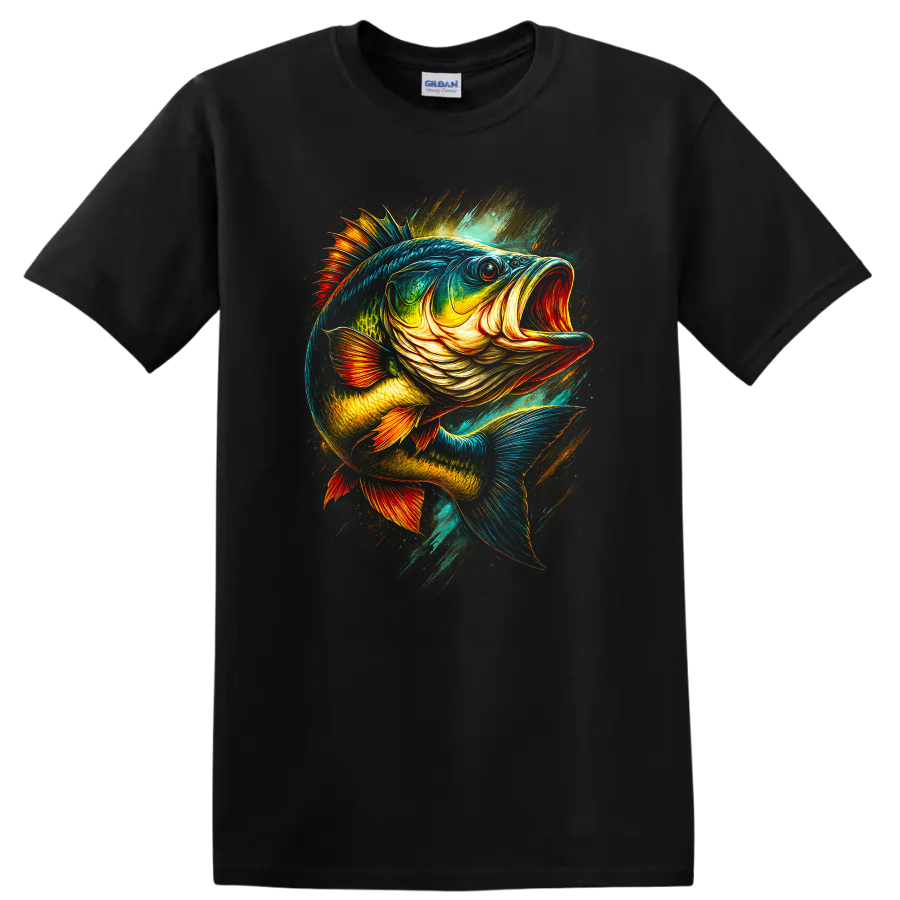 Colorful Largemouth Bass Fish Art T Shirt for Anglers and Outdoors - Black