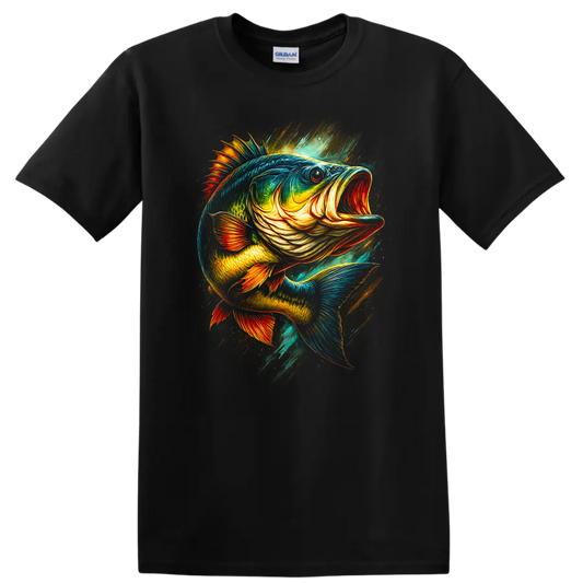 Colorful Largemouth Bass Fish Art T Shirt for Anglers and Outdoors - Black