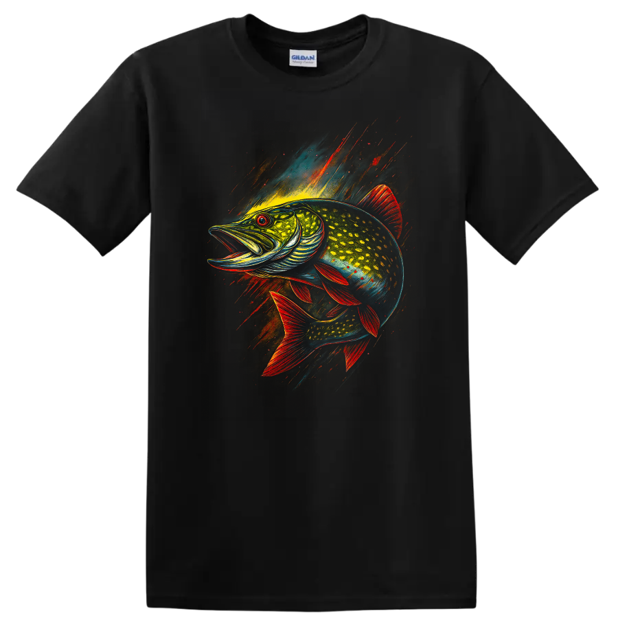 Colorful Fish Splash Art T Shirt Bold Neon Angler Fish Design - Black
