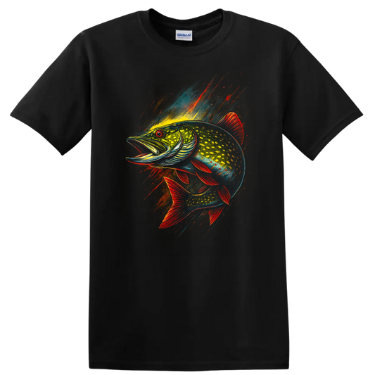 Colorful Fish Splash Art T Shirt Bold Neon Angler Fish Design - Black