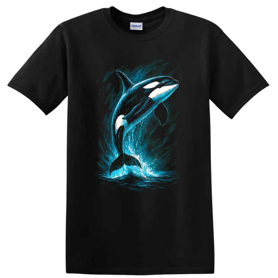 Orca Whale Blue Ocean Splash Fish Art T Shirt for Nature Lovers - Black