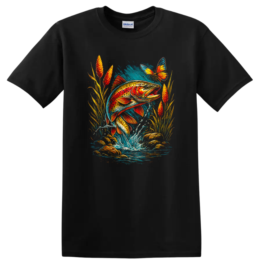Colorful Fish Jumping Water Art T Shirt with Butterfly Nature Design - Black