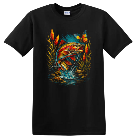 Colorful Fish Jumping Water Art T Shirt with Butterfly Nature Design - Black