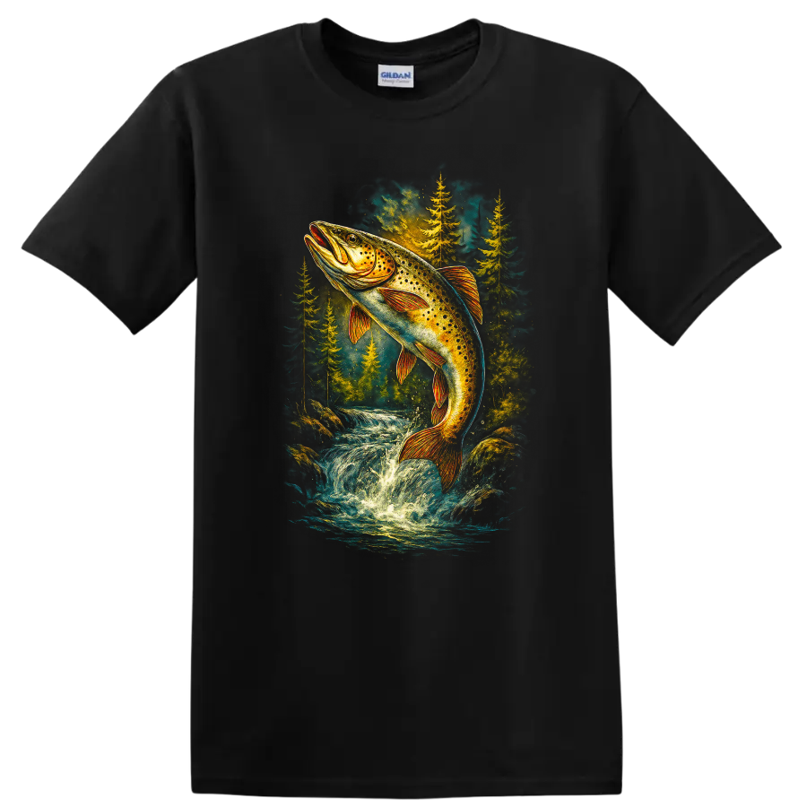 Colorful Trout Jumping River Wildlife Fishing T Shirt for Anglers - Black