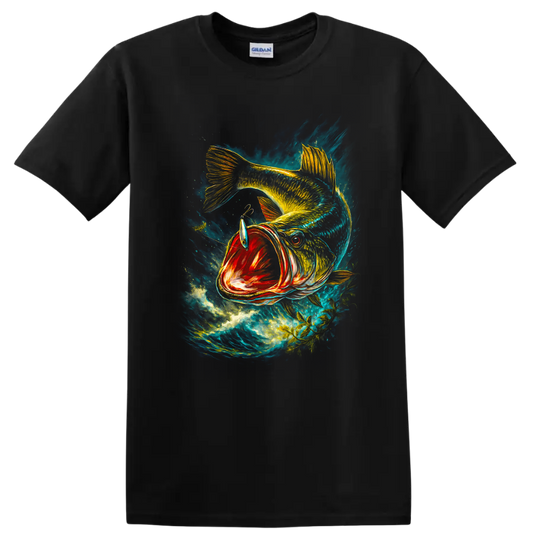 Colorful Bass Fish Splash Art T Shirt for Anglers and Fishing Lovers - Black