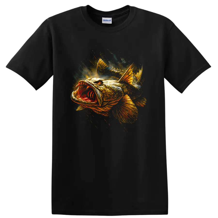 Aggressive Bass Fish Art T Shirt Bold Angler Graphic for Fishermen - Black