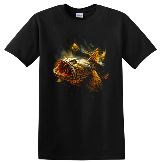 Aggressive Bass Fish Art T Shirt Bold Angler Graphic for Fishermen - Black