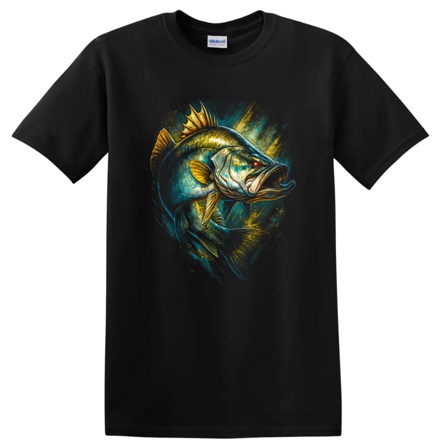 Electric Bass Fish Artwork T Shirt, Vibrant Angler Style Graphic Tee - Black