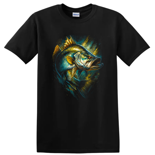 Electric Bass Fish Artwork T Shirt, Vibrant Angler Style Graphic Tee - Black