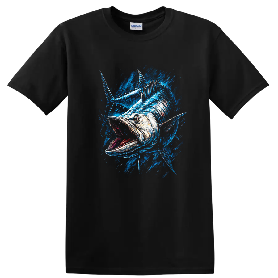 Aggressive Blue Fish Splash Art T Shirt for Anglers and Ocean Lovers - Black