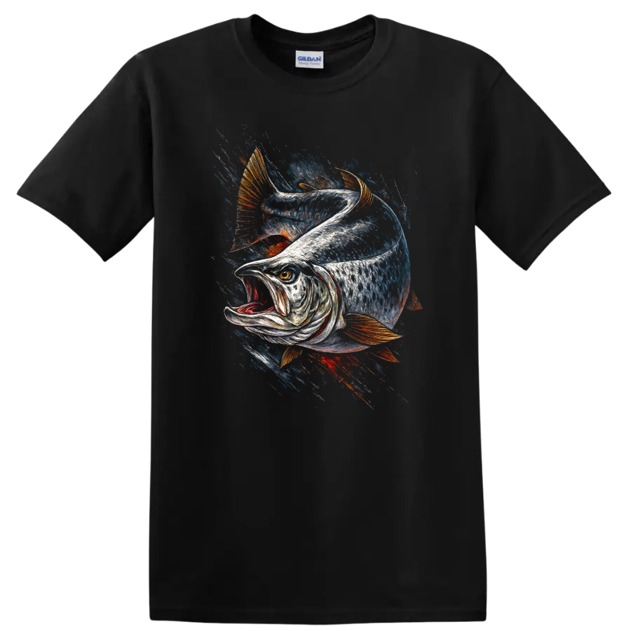 Aggressive Fish Splash Art T Shirt for Anglers and Fishing Fans - Black