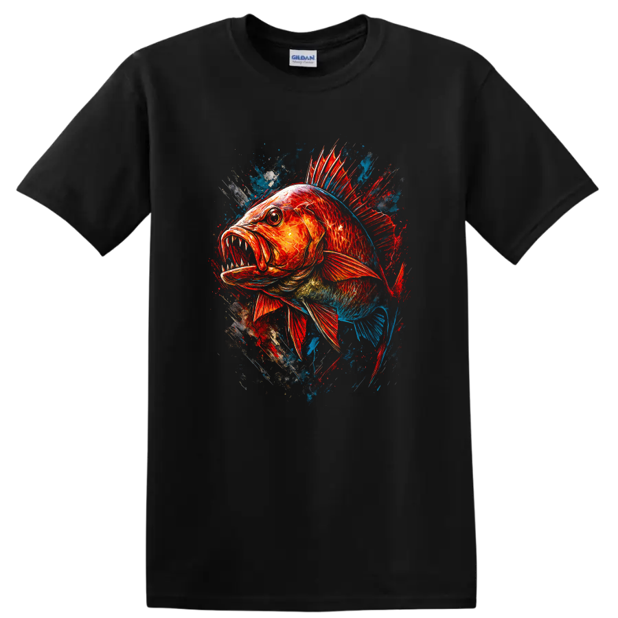 Colorful Aggressive Fish Splash Art T Shirt for Anglers and Ocean Fans - Black