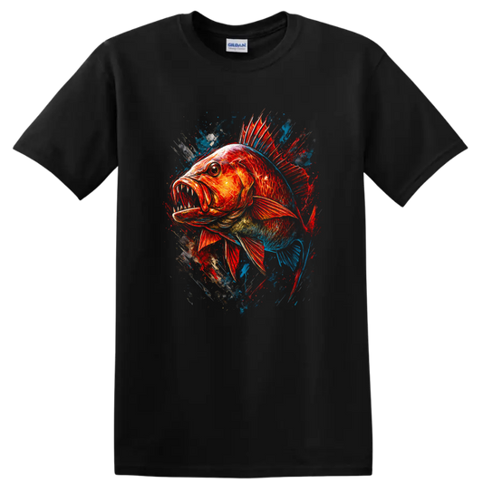 Colorful Aggressive Fish Splash Art T Shirt for Anglers and Ocean Fans - Black