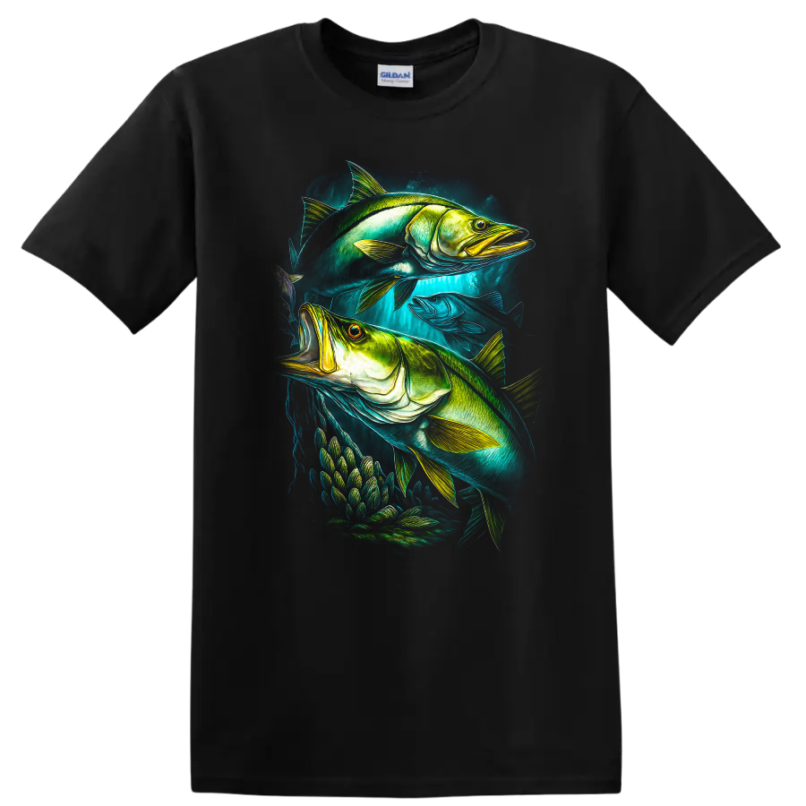 Vibrant Fish Art T Shirt Neon Underwater Fishing Graphic - Black