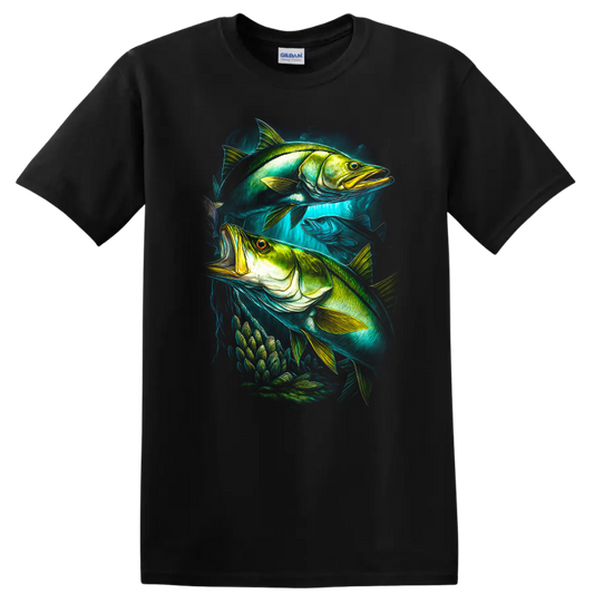 Vibrant Fish Art T Shirt Neon Underwater Fishing Graphic - Black