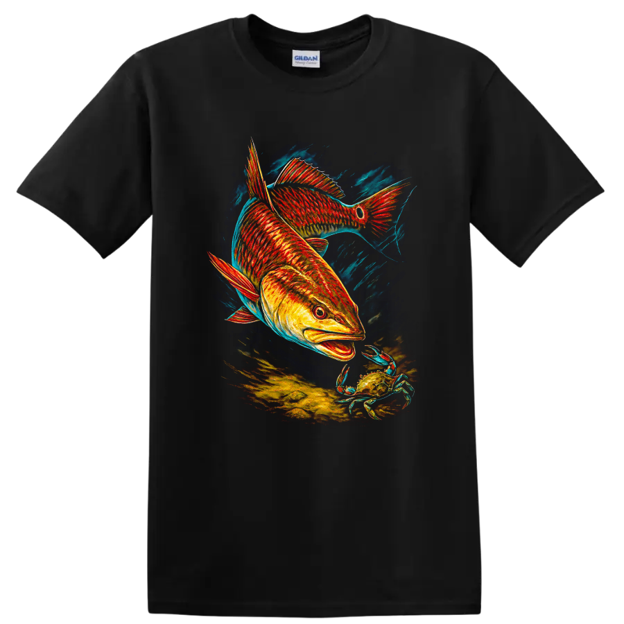 Vibrant Fish and Crab Underwater Art T Shirt for Ocean Lovers - Black