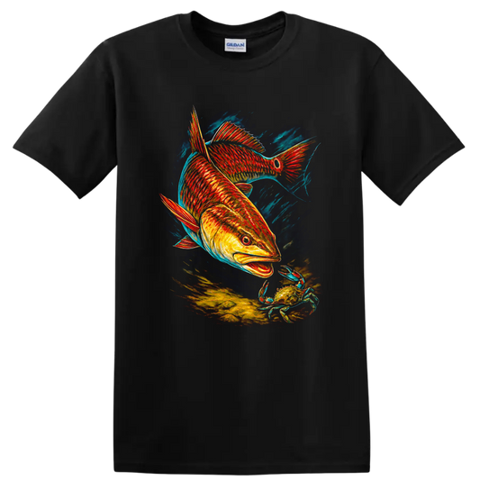Vibrant Fish and Crab Underwater Art T Shirt for Ocean Lovers - Black