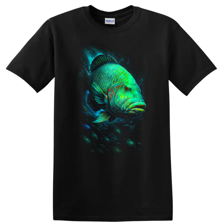Neon Green Blue Fish Art T Shirt Deep Sea Tropical Wildlife Graphic - Black