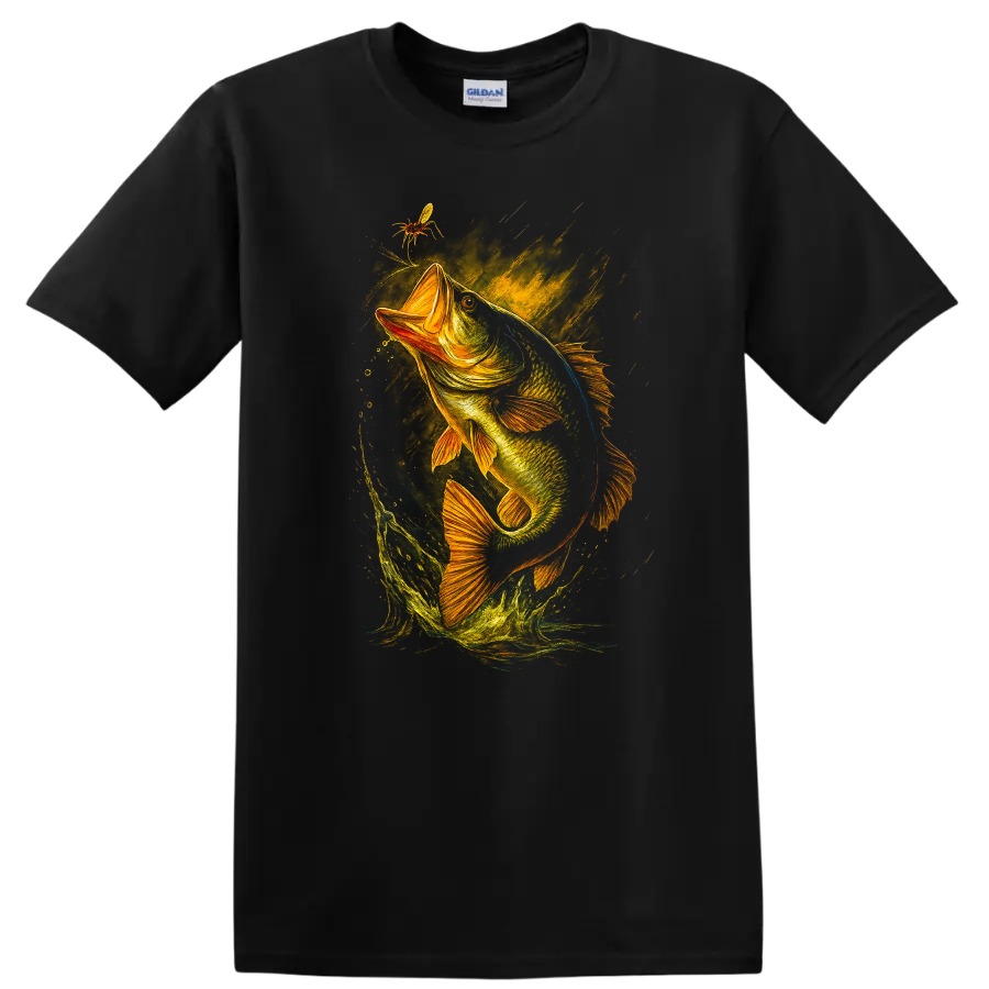 Largemouth Bass Jumping Fish Art T Shirt for Anglers and Fishermen - Black