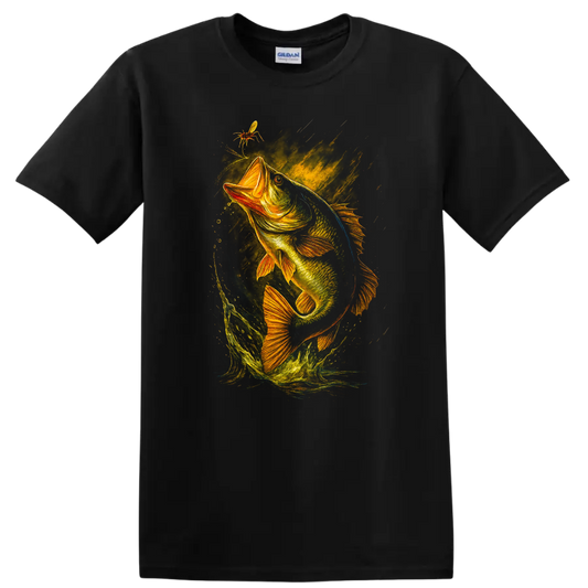 Largemouth Bass Jumping Fish Art T Shirt for Anglers and Fishermen - Black