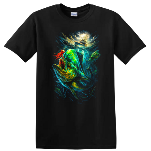 Glowing Fish and Boat Ocean Adventure T Shirt - Black